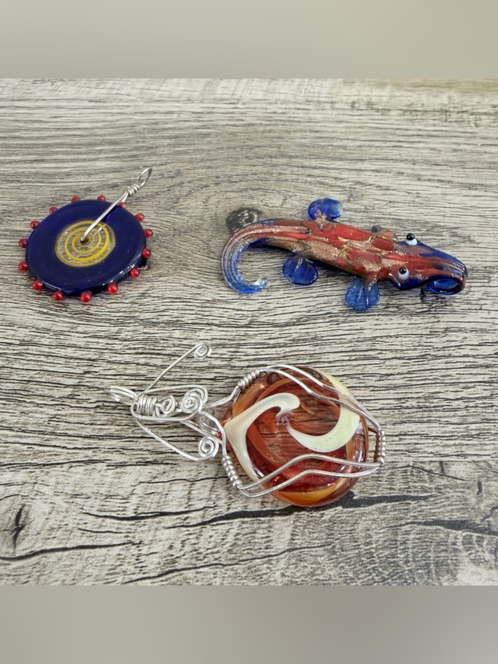 Lot of 3 Vintage Art Glass Hand Blown Pendants Lizard Blue Red White Gold Swirl
